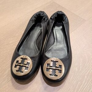Tory Burch Black Ballerina Flats with Gold Emblem Size 5.5